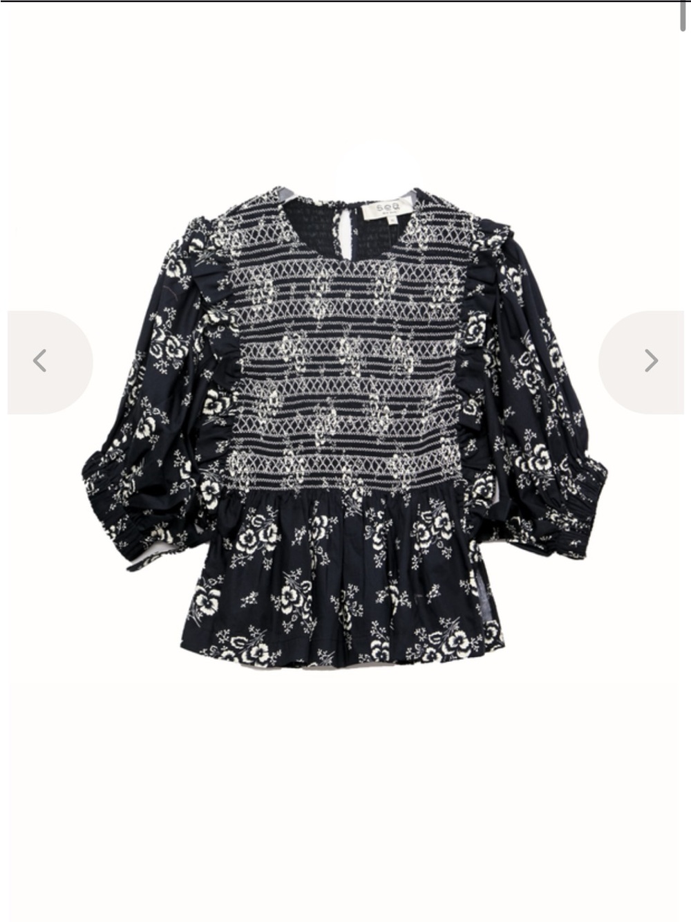 Sea New York Black and White Smocked Floral Blouse